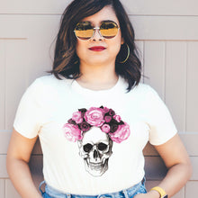 Load image into Gallery viewer, Skull Flowers T-shirt - Ladies Cut - White
